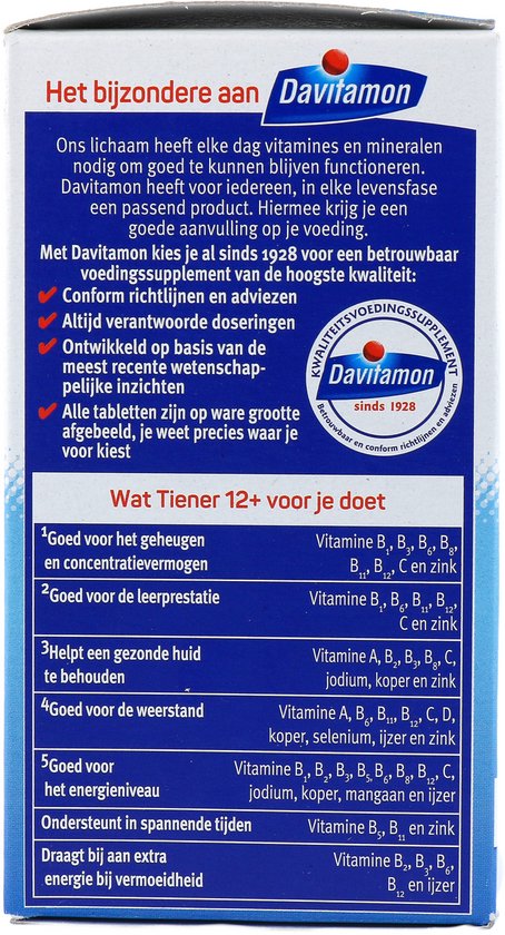 Verpakking Davitamon Tiener 12+ met uitleg over voordelen en ingrediënten.