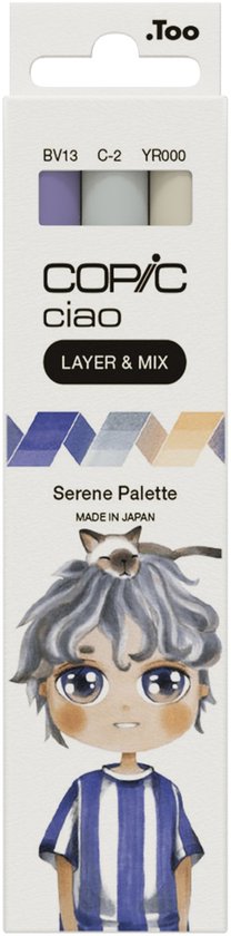 Palette Copic Ciao « LAYER & MIX » Serene, 3 pièces, beige, Blauw, gris froid, pointe biseautée/pinceau, ronde, encre à base d'alcool, adulte/enfant