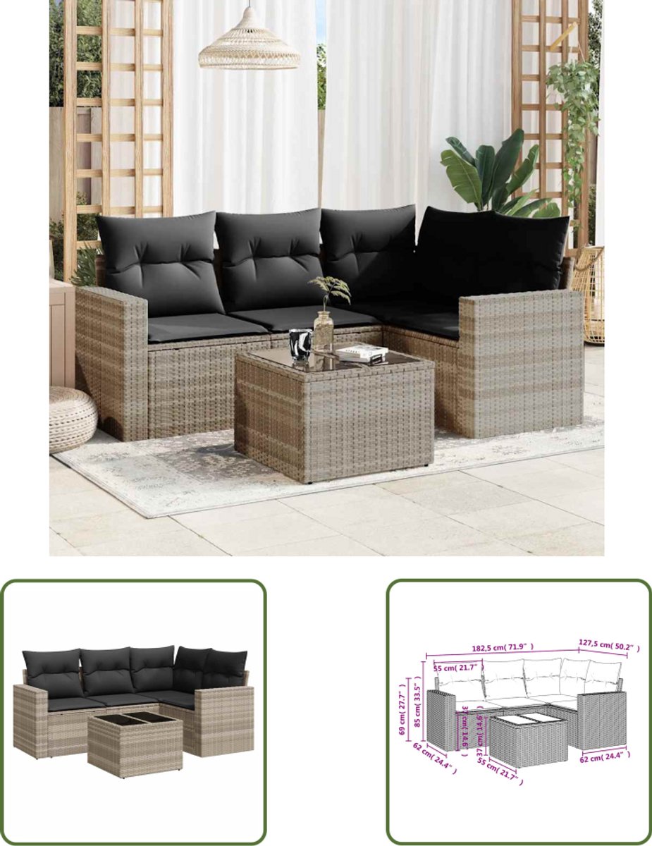 The Living Store 5-delige Loungeset met kussens poly rattan lichtgrijs - Loungeset - Tuinlounge - Lounge Set - Buitendiner - Outdoor Furniture