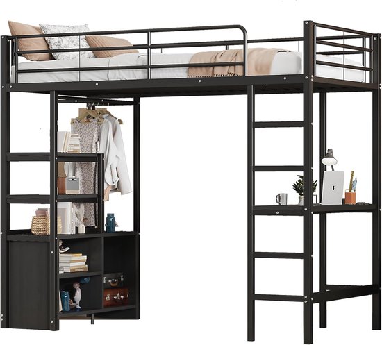 Multifunctionele hoogslaper 140 x 200 cm, metalen bed met opbergruimte, planken en trappen, bed voor volwassenen