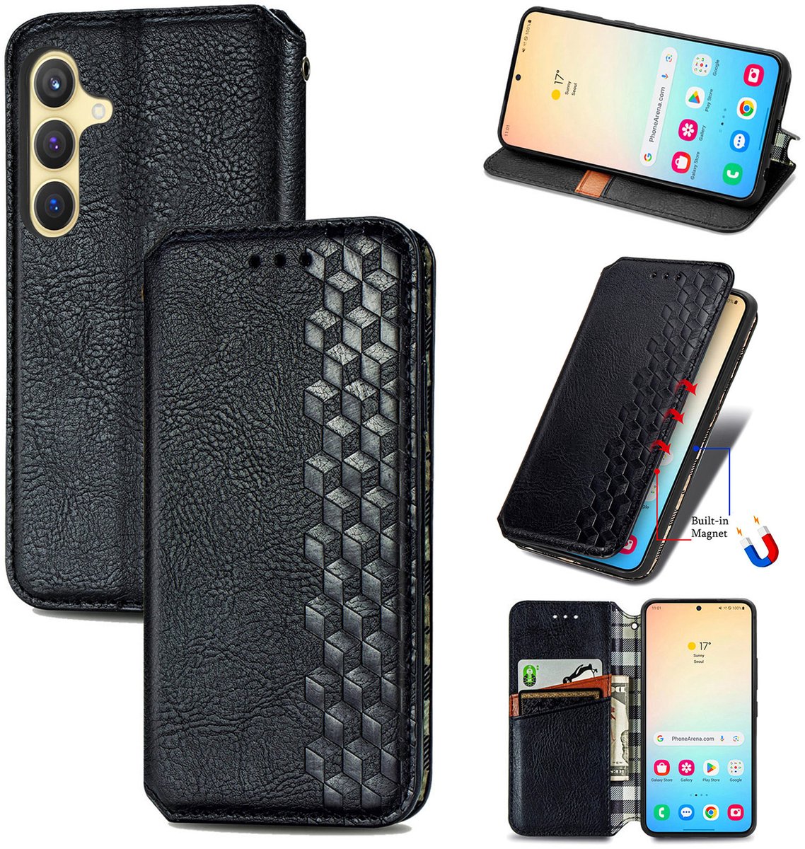 Luxe PU Lederen Ruitpatroon Wallet Case + Screenprotector voor Galaxy S25 Plus _ Zwart