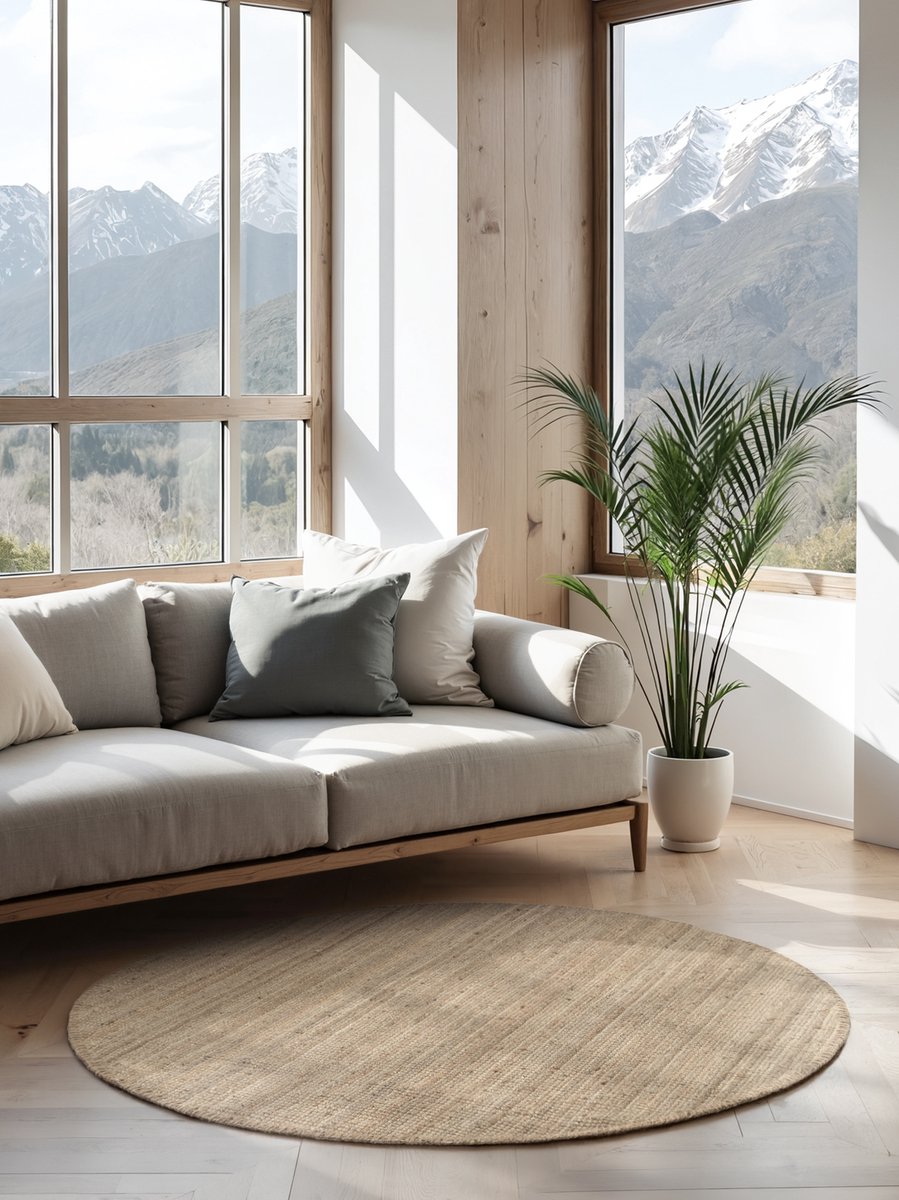 flycarpets Bouclé Jaipur - Jute Vloerkleed Rond - Taupe - Laagpolig - Rond 200 cm Naturel