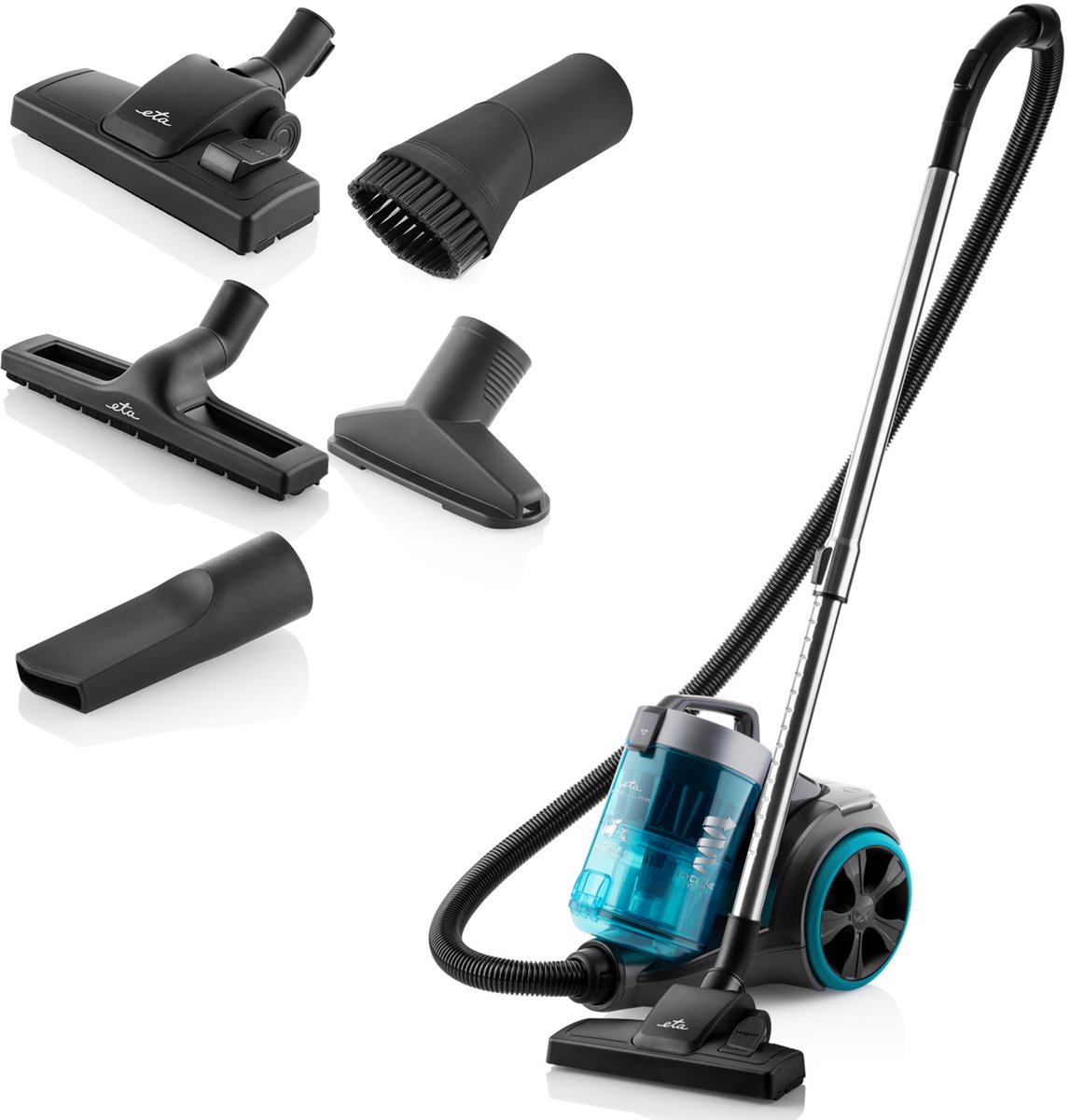ETA Stellar Stofzuiger zonder Zak met ECO-motor en Opzetstukken – 1,5 Liter – Actieradius 10 Meter – Dubbele HEPA-Filter 10 en 12 – Zwart / Blauw