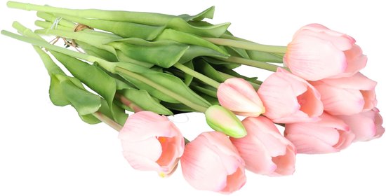 Bellatio Design Kunst tulpen boeket Sally - 7x stuks - lichtroze - real touch - 47 cm