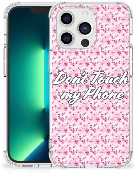 Belle coque arrière en TPU pour iPhone 13 Pro Max avec bord transparent Fleurs Pink Ne touchez pas mon téléphone