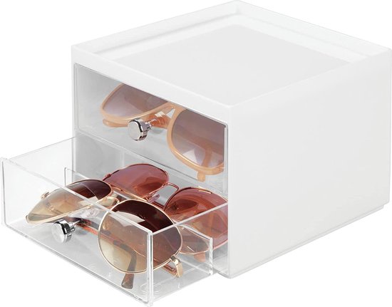 Glazen Opbergdoos - Kunststof Glazenbak met 2 Lades - Brillenopberger voor Brillen, Zonnebrillen en Leesbrillen - Wit en Doorzichtig