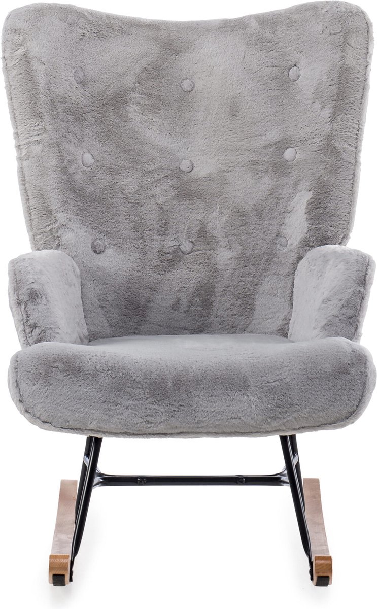 Aemely Schommelstoel Mama – Grijs imitatiebont – Hout en staal - Schommelstoel babykamer - Fauteuil - Hoge rugleuning
