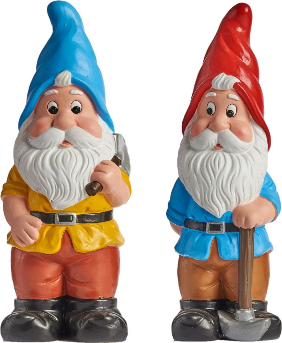 Tuinkabouter beeldjes - set van 2x - Keramiek - 38 cm - blauw/rood