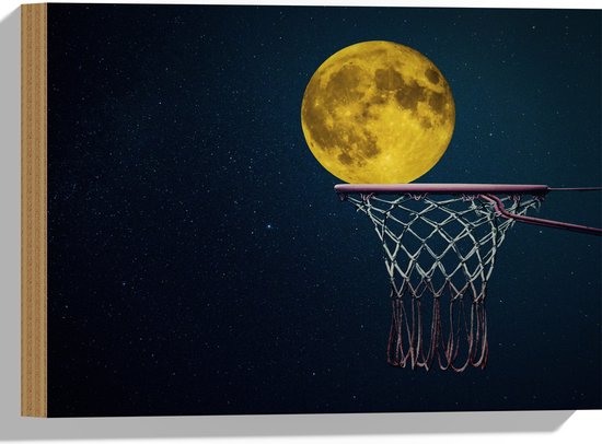 Hout - Maan met Gele Gloed in Basketbal Net - 40x30 cm - 9 mm dik - Foto op Hout (Met Ophangsysteem)