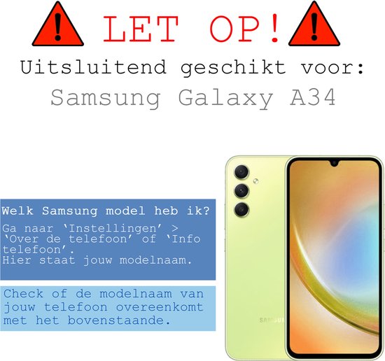 Scherm van een lichtgele Samsung Galaxy A34 smartphone, met een waarschuwing en informatie over compatibiliteit met dit model.