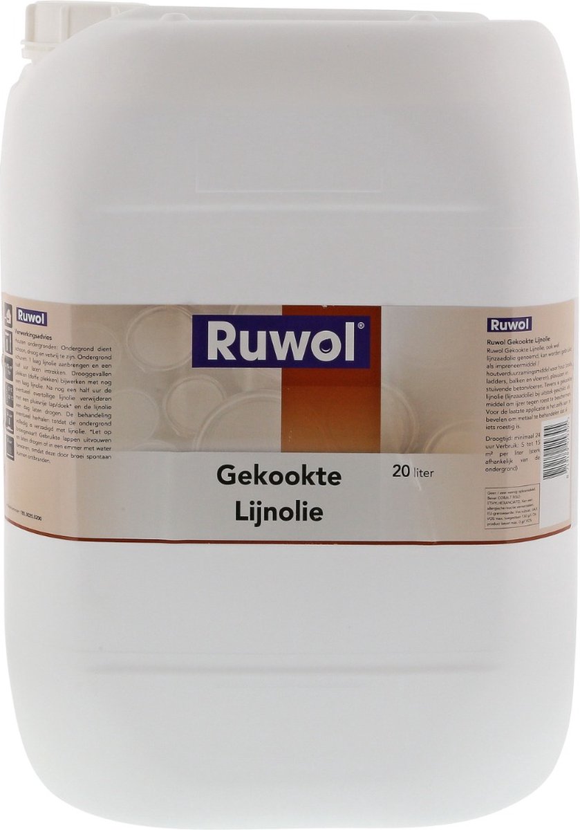 Ruwol Gekookte Lijnolie 20 liter - Houtolie - Universeel - Beschermt hout - Verfraai Natuursteen - Voorkom Roesten van Metaal - Impregneren Betonvloer