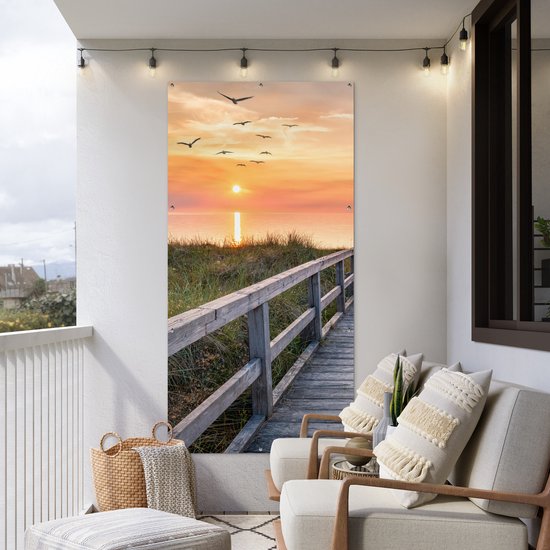 Affiche clôture Coucher de soleil - Mer - Chemin - Herbe - Dune - Vogels - 100x200 cm - Toile jardin