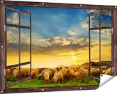 Gards Tuinposter Doorkijk Kudde Schapen op het Gras bij Zonsondergang - 150x100 cm - Tuindoek - Tuindecoratie - Wanddecoratie buiten - Tuinschilderij