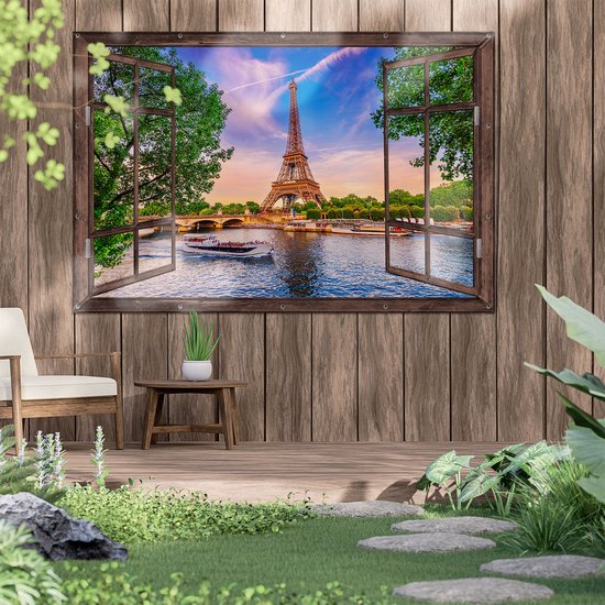 Gards Affiche de jardin Look-through Tour Eiffel à Paris sur l' Water - Couleur - 180x120 cm - Toile jardin - Décoration de jardin - Décoration murale extérieur - Tableau jardin