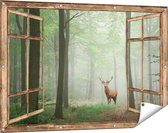 Gards Tuinposter Doorkijk Hert in Bos - 120x80 cm - Tuindoek - Tuindecoratie - Wanddecoratie buiten - Tuinschilderij
