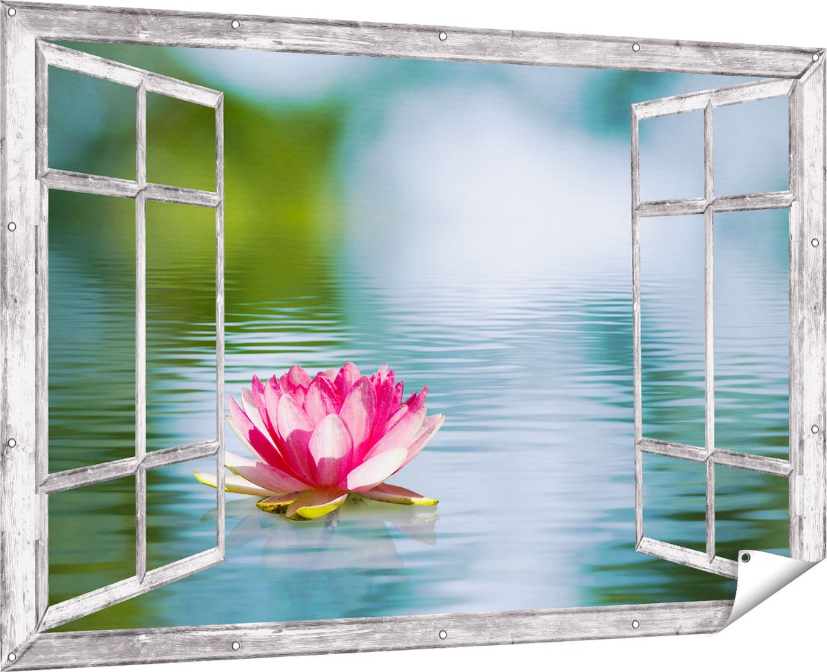 Gards Tuinposter Doorkijk Roze Lotusbloem op het Water - 180x120 cm - Tuindoek - Tuindecoratie - Wanddecoratie buiten - Tuinschilderij Multikleur