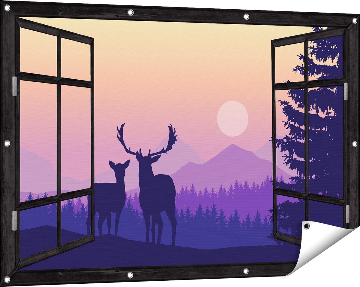 Gards Tuinposter Doorkijk Twee Herten - Zonsondergang - Silhouet - 120x80 cm - Tuindoek - Tuindecoratie - Wanddecoratie buiten - Tuinschilderij Zwart