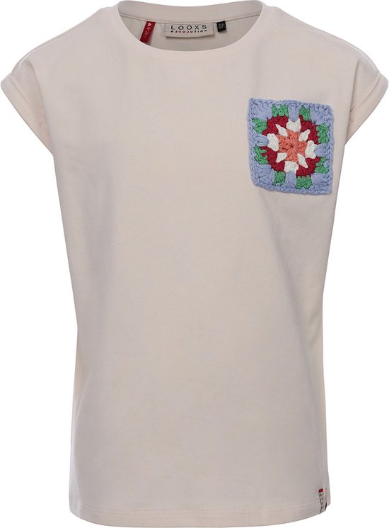 Looxs Revolution T-shirt With Crochet Patch Tops & T-shirts Meisjes - Shirt - Ecru - Maat 104
