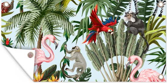 Poster jardin Jungle - Animaux - Filles - Enfants - Garçons - Flamingo - Perroquet - 60x30 cm - Toile jardin - Poster extérieur