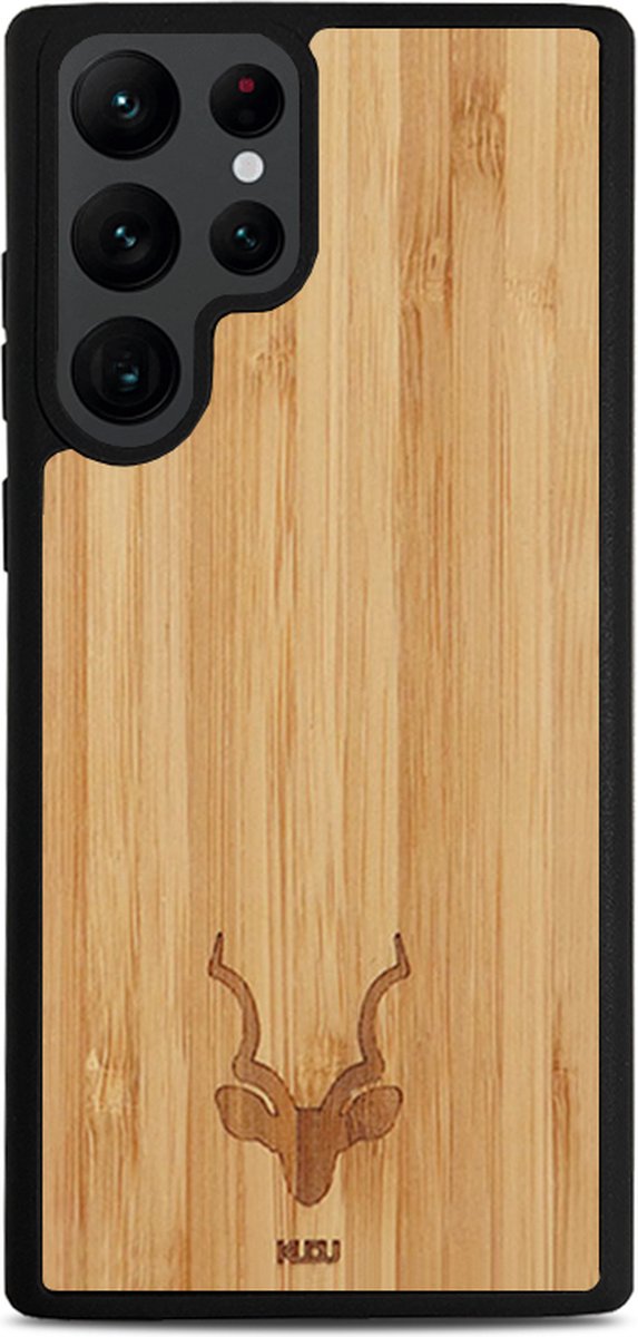 Kudu Samsung Galaxy S23 Ultra hoesje case - Houten backcover - Handgemaakt en afgewerkt met duurzaam TPU - Bamboe - Zwart