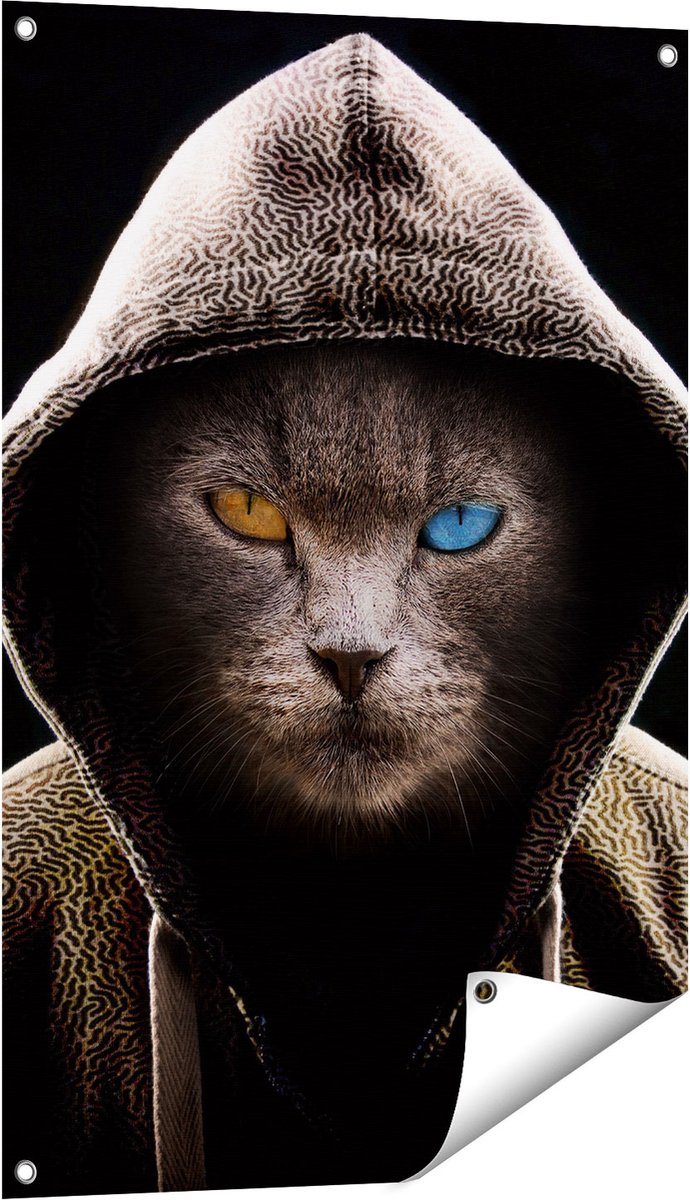 Gards Tuinposter Boze Kat Draagt een Hoodie - 60x90 cm - Tuindoek - Tuindecoratie - Wanddecoratie buiten - Tuinschilderij Multikleur