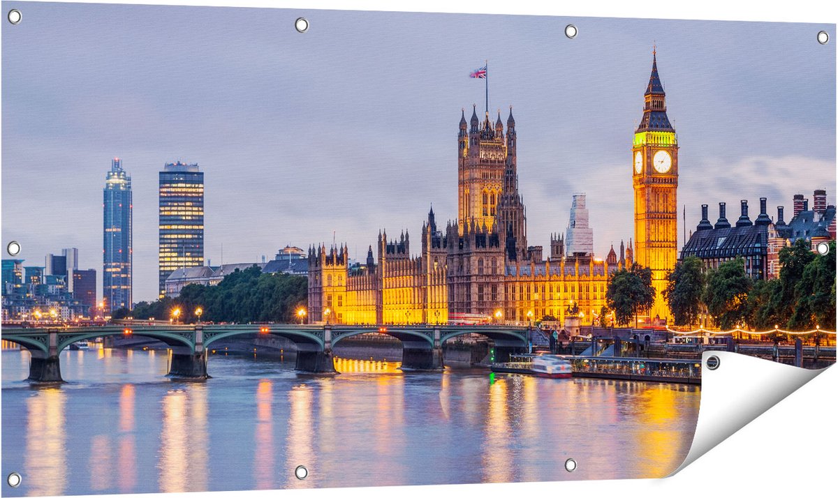 Gards Tuinposter London Big Ben en Westminster Brug - 120x60 cm - Tuindoek - Tuindecoratie - Wanddecoratie buiten - Tuinschilderij Multikleur