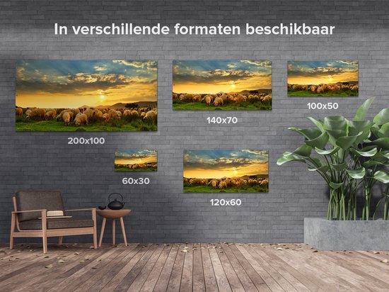 Affiche de jardin Gards Troupeau de moutons sur l'herbe au coucher du soleil - 180x90 cm - Toile de jardin - Décoration de jardin - Décoration murale extérieur - Tableau de jardin