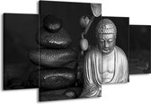 GroepArt - Schilderij -  Boeddha, Stenen - Zwart, Wit, Grijs - 160x90cm 4Luik - Schilderij Op Canvas - Foto Op Canvas