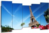 GroepArt - Canvas Schilderij - Parijs, Eiffeltoren - Blauw, Rood, Groen - 150x80cm 5Luik- Groot Collectie Schilderijen Op Canvas En Wanddecoraties