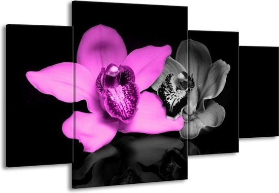 GroepArt - Schilderij -  Orchidee - Paars, Grijs, Zwart - 160x90cm 4Luik - Schilderij Op Canvas - Foto Op Canvas