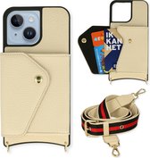 Casemania Coque pour Apple iPhone 14 Wit - Coque arrière avec sangle réglable - Porte-cartes et cordon