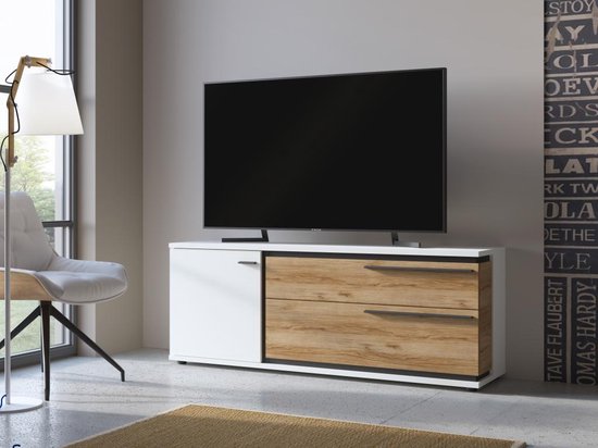 Tv-meubel met 1 deur en 2 laden - Naturel en wit - NISUKA L 152.7 cm x H 57.9 cm x D 40 cm