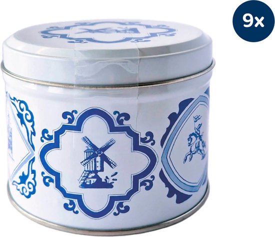 Daelmans Stroopwafels in Delfts Blauw blik - Doos met 9 blikken - 230 gram per blik - 8 Stroopwafels per blik (72 Koeken) cadeau geven