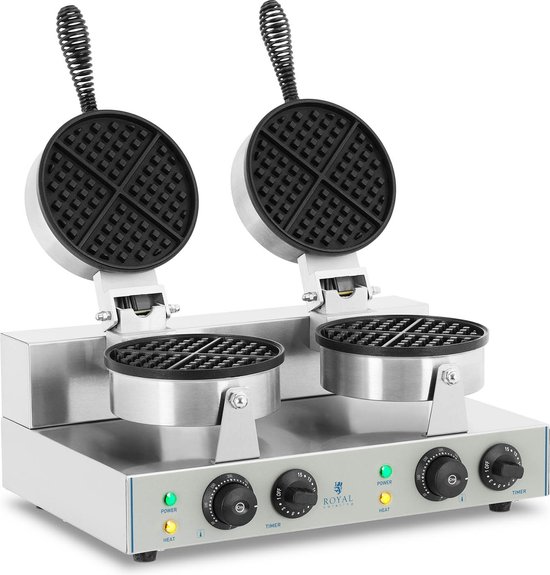 Dubbel wafelijzer van roestvrij staal met de bovenplaten geopend, zwarte handvatten en 2 ronde wafelplaten.
