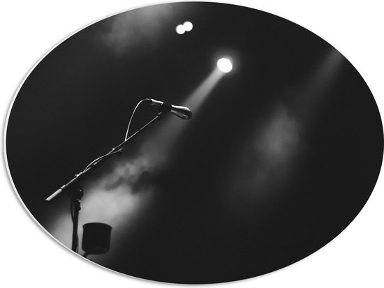 PVC Schuimplaat Ovaal - Microfoon bij Rook en Podiumlampen (Zwart- wit) - 56x42 cm Foto op Ovaal (Met Ophangsysteem)