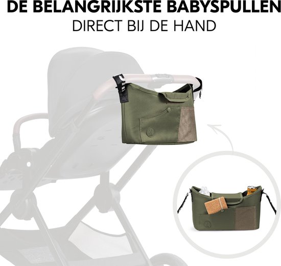 Olijfgroene kinderwagentas met bruin netvak, bevestigd aan kinderwagen. Inzet toont de tas gevuld met babyartikelen. Tekst: 'DE BELANGRIJKSTE BABYS PULLEN DIRECT BIJ DE HAND'.