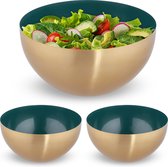 Relaxdays 3x saladeschaal - 3,5 liter - groen-goud - slakom - mengkom - Ø 25cm - rvs