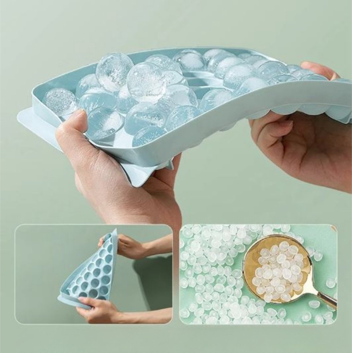POWZOO Mini ijsblokjesvormen, 4 x 104 stuks kleine ijsblokjes, ijsblokjeshouder, 1,4 cm bolvorm, voor het koelen van dranken, koffie, sap (4 blauwe tablets, containers & schep & ijstang, 4 x 104Ge