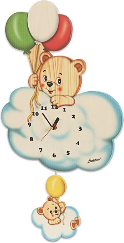Horloge murale ours en bois sur nuage avec des ballons | Bartolucci