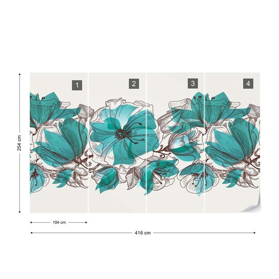 Papier peint Fleurs turquoise peintes modernes | VEXXXL - 416 cm x 254 cm | Polaire 130gr / m2