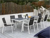 MYLIA Tuineettafel van grijs en witte aluminium : 8 stoelen en uitschuifbare tafel - LINOSA L 240 cm x H 96 cm x D 100 cm