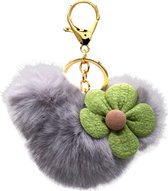 Sleutelhanger - Fluffy Pompon en Bloem - Lengte 8 cm - Grijs