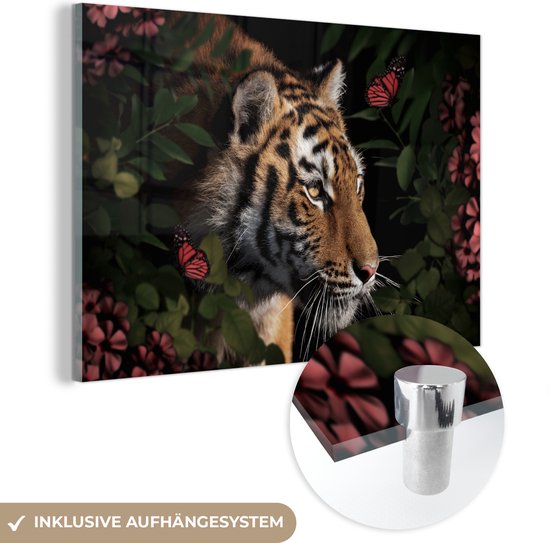 Peintures sur verre - Tigre - Papillons - Fleurs - 120x80 cm - Peintures Plexiglas