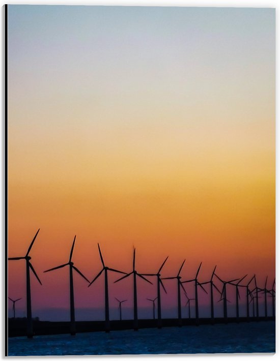 WallClassics - Dibond - Rij Windmolers tijdens de Zonsondergang - 30x40 cm Foto op Aluminium (Met Ophangsysteem)