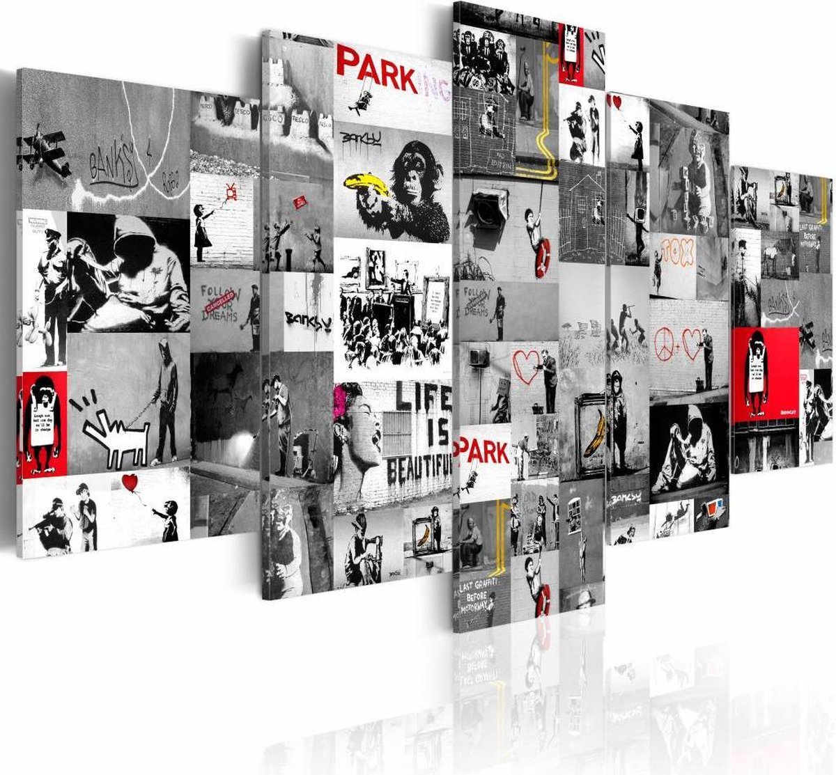 karo-art Schilderij - Collage Banksy, Grijs/Rood, 5luik Multikleur