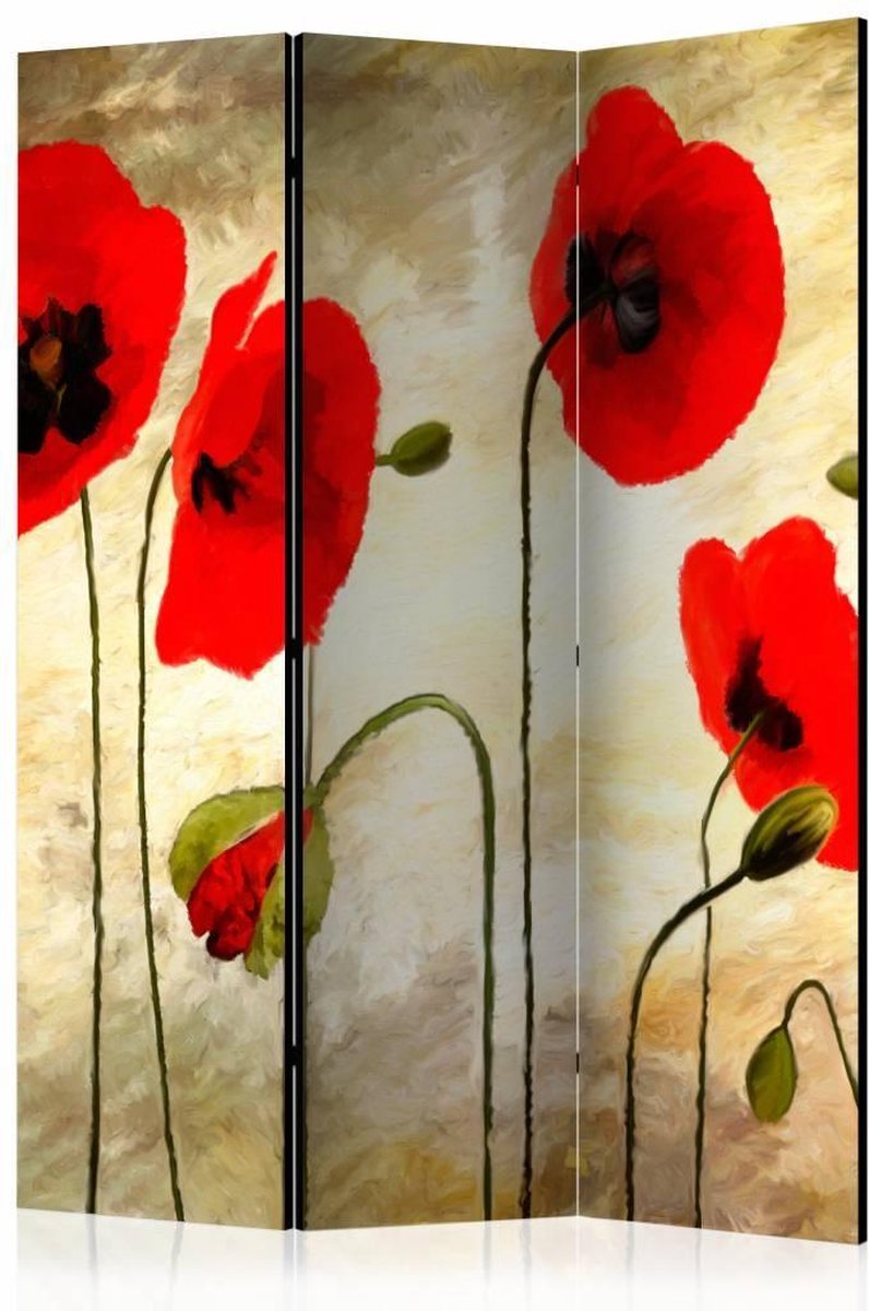 Vouwscherm / Kamerscherm - Klaprozen op goud 135x172cm, gemonteerd geleverd dubbelzijdig geprint