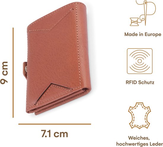 Solo Pelle Leren portemonnee Q-Wallet met geïntegreerde kaarthouder voor 15 kaarten bankbiljetten | creditcardhouder met RFID, Cognac Brown Burned vak voor kleingeld, One Size, creditcardhoes