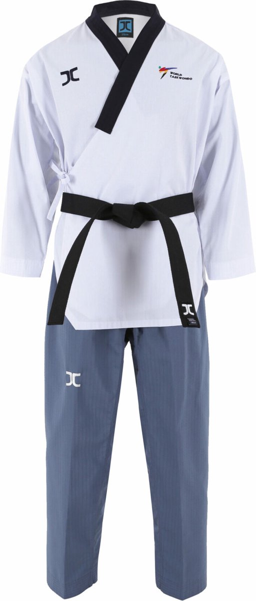 JCalicu poomsae dan taekwondopak voor dames | WT | wit-blauw (Maat: 200)