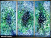 Schilderij -  Modern - Groen, Blauw - 120x80cm 3Luik - GroepArt - Handgeschilderd Schilderij - Canvas Schilderij - Wanddecoratie - Woonkamer - Slaapkamer - Geschilderd Door Onze Kunstenaars 2000+Collectie Maatwerk Mogelijk