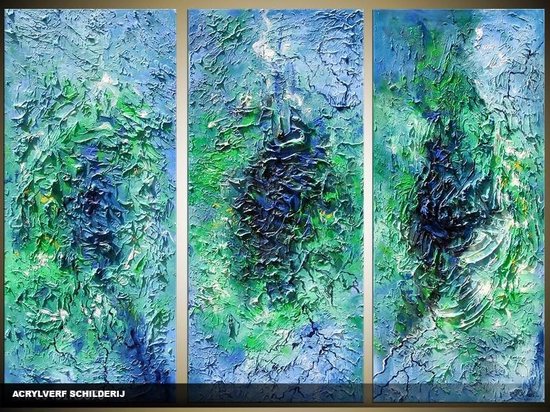 Schilderij -  Modern - Groen, Blauw - 120x80cm 3Luik - GroepArt - Handgeschilderd Schilderij - Canvas Schilderij - Wanddecoratie - Woonkamer - Slaapkamer - Geschilderd Door Onze Kunstenaars 2000+Collectie Maatwerk Mogelijk